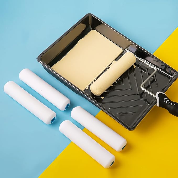 Mister Rui 9 Pack 6 Inch Foam Paint Roller Kit with Tray & Liners | High-Density Foam Rollers with Sturdy Tray & Disposable Liners. Ideal for Walls, Trim, Cabinets and Small Projects