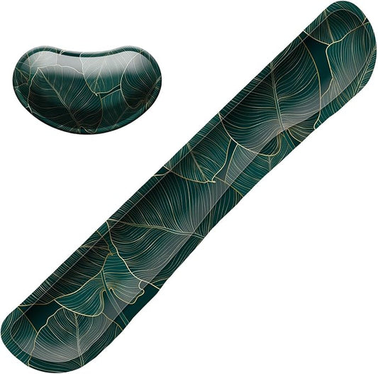 Keyboard Wrist Rest Mouse Wrist Support Set, Memory Foam Wrist Rest Pad for Computer Laptop Keyboard Mouse, Ergonomic Wrist Cushion Support for Typing Pain Relief, Gaming Home Office, Green Leaves