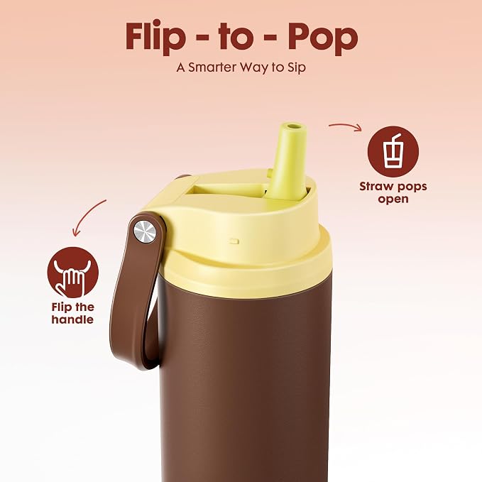 Meoky 24 oz Insulated Stainless Steel Water Bottle: Flip-to-Pop Straw, Leak Proof, 24H Cold, Fits in Car Cup Holder, Carry Loop, BPA-Free, Wide Mouth Water Bottle for Adults Gym Bag, Honey