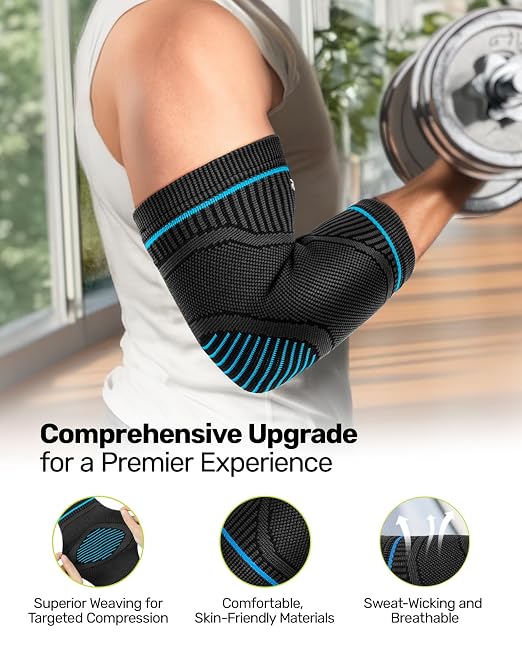 Rakiie Elbow Compression Sleeve 2 Pack, High Elastic Elbow Brace for Tendonitis and Tennis Elbow for Women & Men, Elbow Sleeve for Tennis, Golfer, Badminton, Weightlifting, Blue M