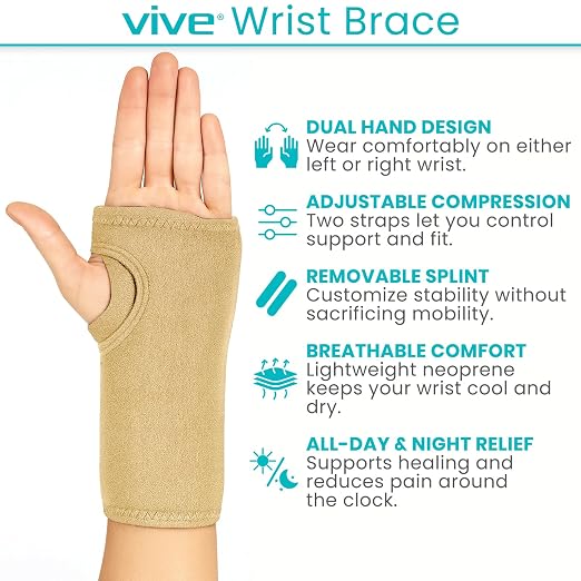 Vive Wrist Brace - Carpal Tunnel Hand Compression Support Wrap for Men | Women, Tendinitis, Bowling, Sports Injuries Pain Relief - Removable Splint - Universal Ergonomic Fit (Beige, Left)