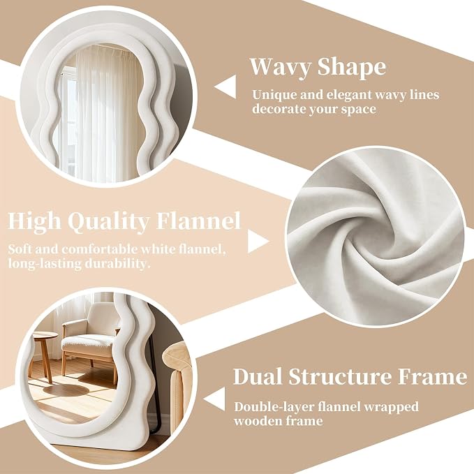 Full Length Mirror, 71"x30" Full Body Mirror with Stand | Wavy Mirror Full Length, Flannel Floor Mirrror Bedroom and Living Room, Wall Mirror Hanging or Leaning, Beige