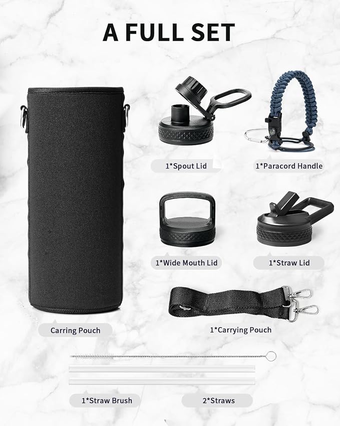 Trebo Water Bottle Insulated 40 oz with 3 Lids, Paracord Handle & Sleeve | Stainless Steel Flask Vacuum, Triple Wall Copper Plated, Dishwasher Safe, Keeps Cold 48Hrs for Hiking, Gym, Wide Mouth