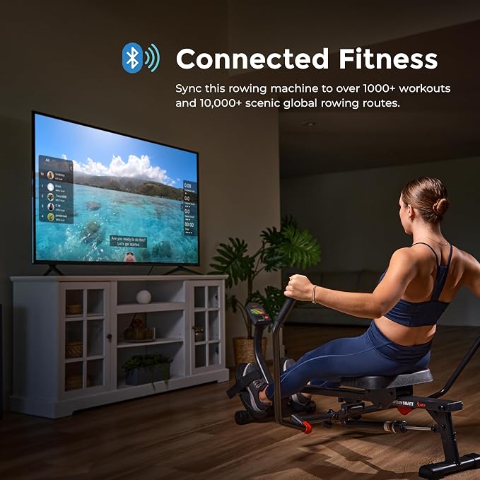 Sunny Health & Fitness Smart Full Motion Rower | 12 Resistance Levels, Dual-Arm Design, SunnyFit App Connectivity, 400 LB Capacity, Optional Back-Assist Core Trainer