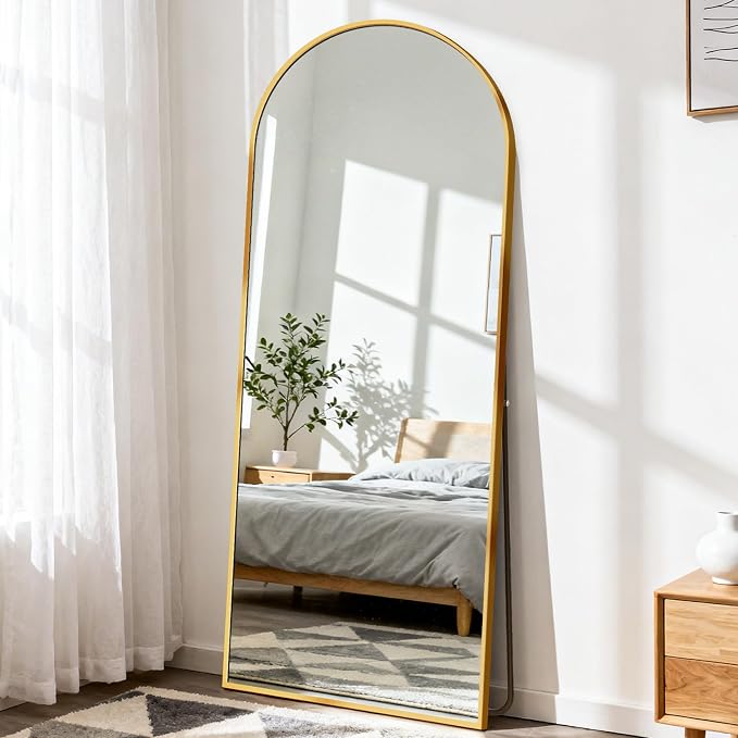 DUMOS 64"x21" Arched Full Length Floor Mirror, Full Body Mirror with Stand, Shatterproof Tempered Glass, Modern Aluminum Alloy Frame, Free Standing or Leaning for Home Decor, Gold