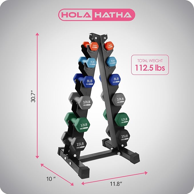 HolaHatha 1, 2 and 3 lb Neoprene Dumbbell Strength Training Weight Set with Rack