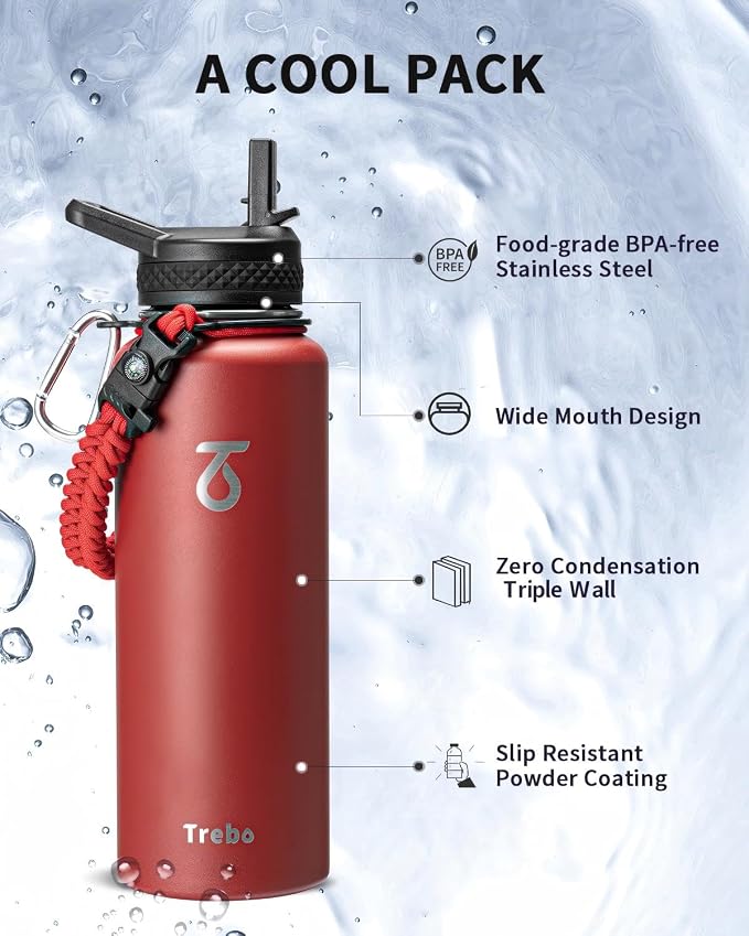 Trebo Water Bottle Insulated 40 oz with 3 Lids, Paracord Handle & Sleeve | Stainless Steel Flask Vacuum, Triple Wall Copper Plated, Dishwasher Safe, Keeps Cold 48Hrs for Hiking, Gym, Wide Mouth