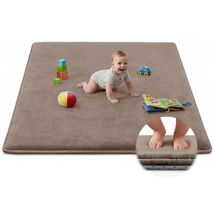 Baby Play Mat for Floor,Ultra Thick Elastic Foam 59"x59" Playmat Tummy Time Muscle Crawling Exercise Activity Cushion Gym Mat Nursery Playroom Area Kids Rug for Babies, Toddlers,Infants,Camel