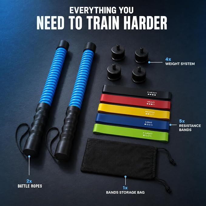 Ropeless Battle Ropes with Adjustable Weight & 5 Resistance Bands – Cordless Battle Ropes for Home Gym, Weighted Exercise Ropes for Strength Training & Full Body Workout for Women & Men