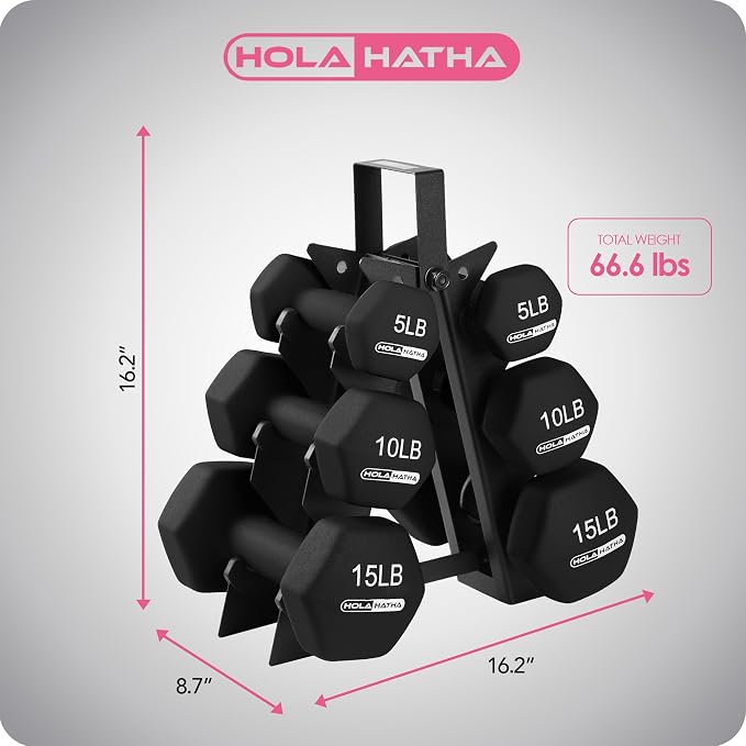 HolaHatha 1, 2 and 3 lb Neoprene Dumbbell Strength Training Weight Set with Rack