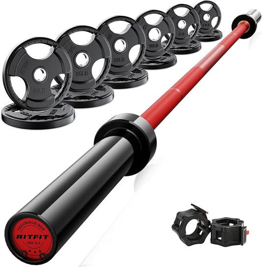 RitFit Barbell Weight Set - 4/6FT Olympic Barbell with Weight Plates (55-115LB Total) - Weightlifting Equipment for Squats, Curls, Deadlifts, Presses, Hip Thrusts