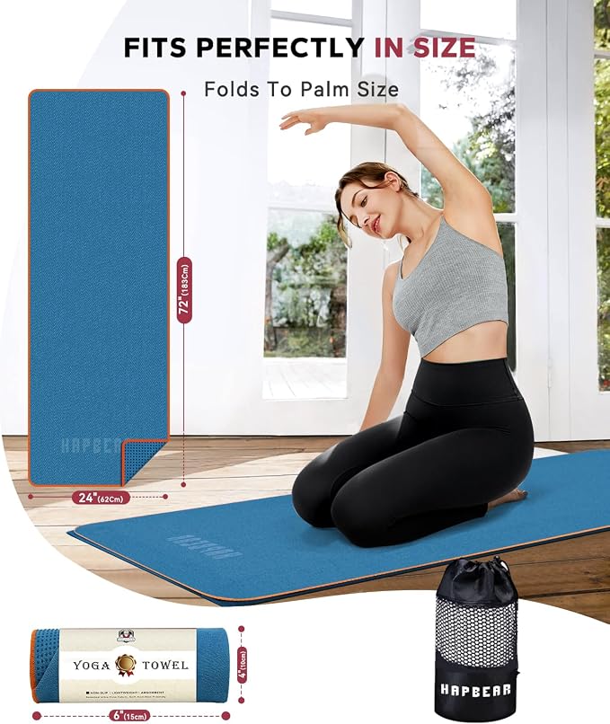HAPBEAR Non Slip Yoga Mat Towel with Grip Dots, 72" x 24" Hot Yoga Towel - Super Absorbent Microfiber Yoga Towel for Hot Yoga, Bikram, Pilates and Gym Workout - Blue
