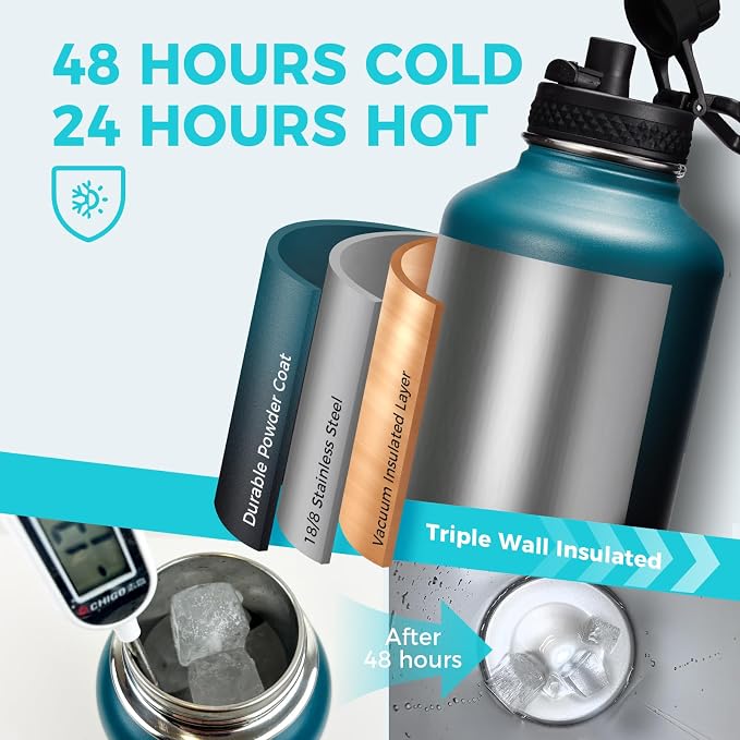 64 oz Water Bottles Insulated - Cold 48H Hot 24H, Half Gallon Water Jug w/ Straw & Spout Lid, Handle Strap Carrier Bag, Leak Proof 2Liter Stainless Steel Thermo Flask for Gym Sports Work Coral Orange