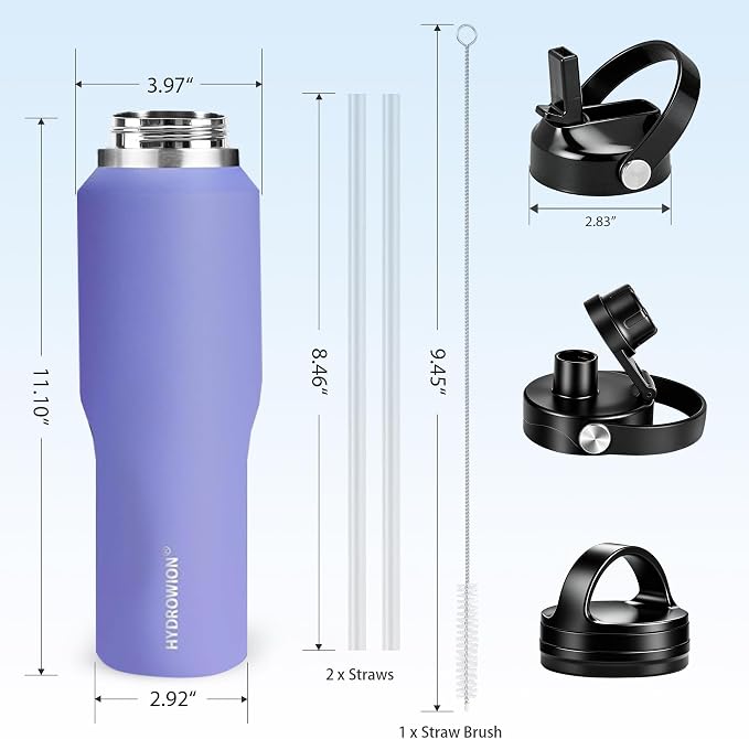 HYDROWION 40 oz Insulated Water Bottle with Straw fit in Car Cup Holder(Cold 48 hrs, Hot 24 hrs) Drinking Bottle with Straw Lid, Spout Lid and Flex Cap Leakproof Travel Thermo Mug，Purple
