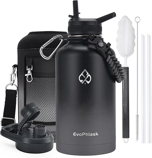 Insulated Water Bottle 64 oz with Carrier Bag, Black/Gray | Stainless Steel, Vacuum Insulated Keep Cold 48 Hrs, Half Gallon Large Water Jug, For Travel, Sport, Gym, Hiking