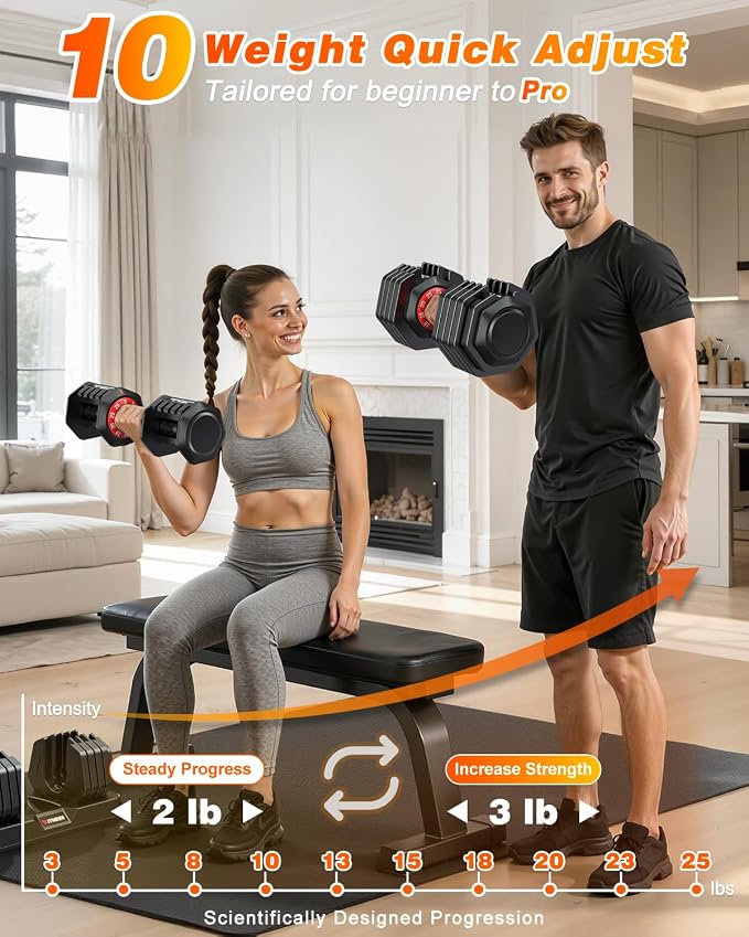 XDDIAS Adjustable Dumbbell Set for Home Gym Workout | 25 to 90 lbs, non-slip knurled grip, compact storage, one-hand adjustable