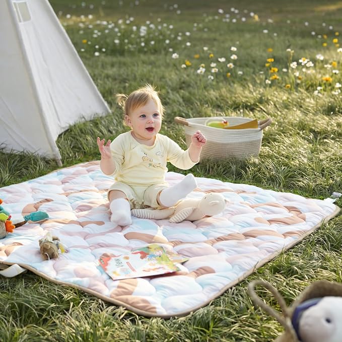 Momcozy Baby Play Mat for Floor, 50"x50" Thickened Playpen Mat | Playmate for Baby Tummy Time, Waterproof & Non-Slip, Foldable Outdoor Mat with Carrying Handle, Happy Doodles