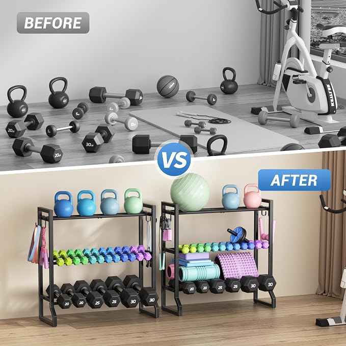3 Tier Dumbbell Rack, 400LB Weight Rack with 4 Hooks for Home Gym | 1.18"-5.9" Adjustable Width, Anti-Slip Base, 0.04" Thick Tube, Rotatable Leveling Feet, Holds Dumbbells, Yoga Balls