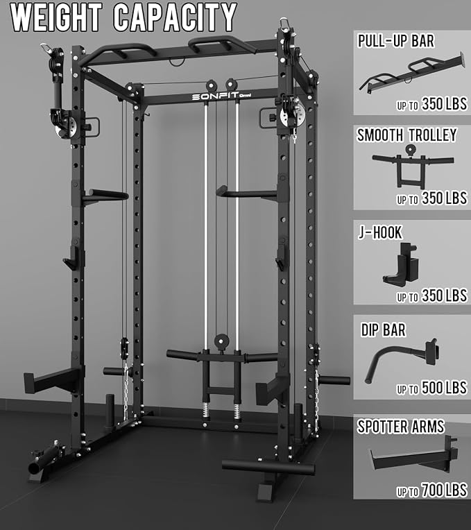 Eonfit E2 Power Rack, Squat Rack with Cable Crossover for Home Gym | Power cage with Pivot Arms Functional Trainer Pulley System Lat Pull Down For Garage Gym Strength Training