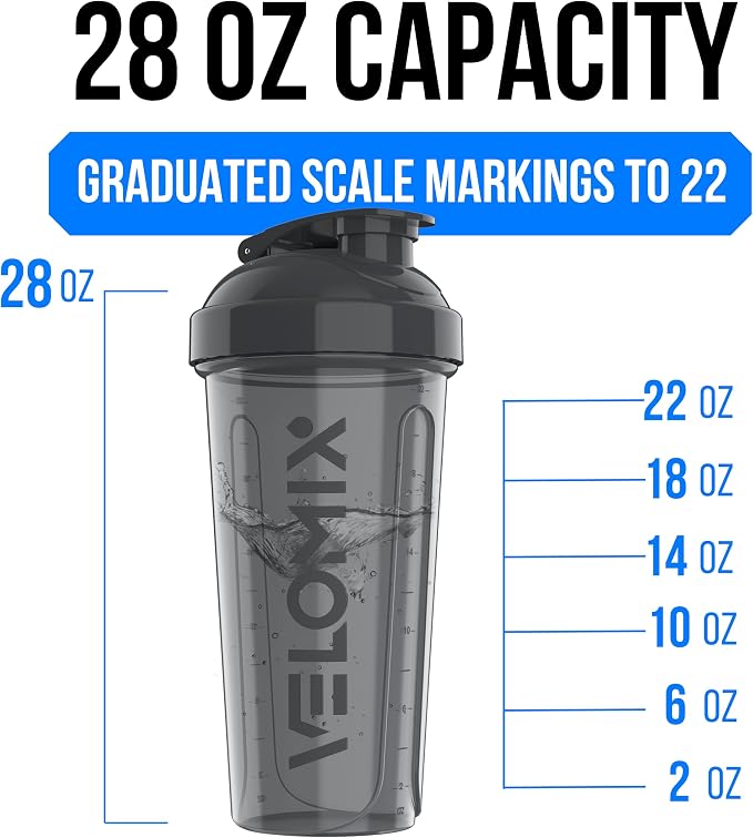 VELOMIX 6 Pack 28oz Protein Shaker Bottle for Protein Mixes, Elemental Mix | 6x Wire Whisk, Leak Proof Shaker Cups for Protein Shakes, Stackable, Dishwasher Safe, BPA Free, Pre Workout and Gym Ready
