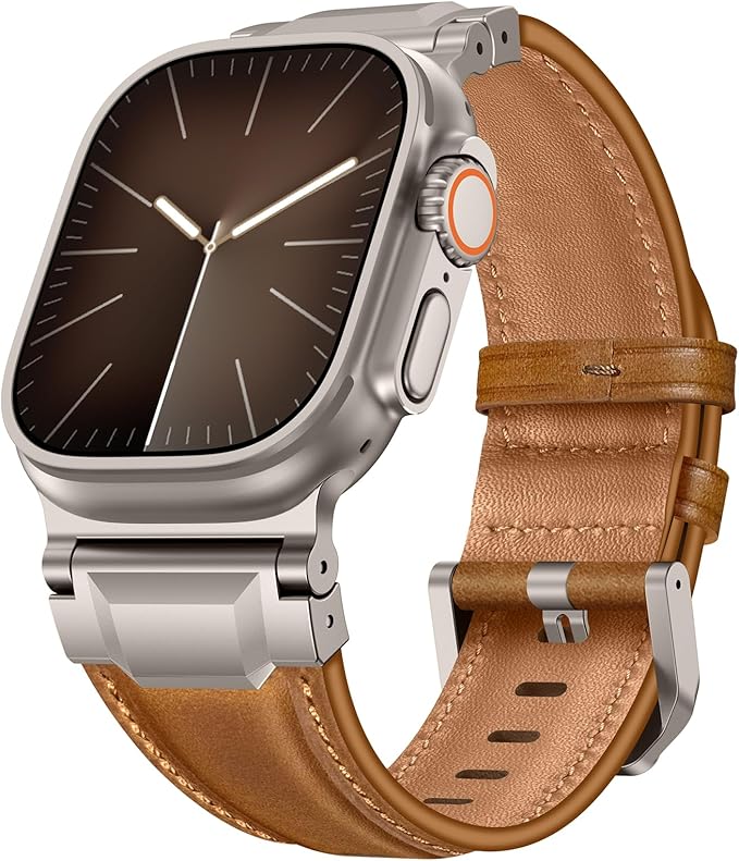 Bands Compatible with Apple Watch Ultra 3/2/1 Band 49/46/45/44mm | Genuine Leather Metal Connector Strap for iWatch Ultra Series 11/10/9/8/7/SE/6/5/4/3/2/1, Retro Brown/Titanium