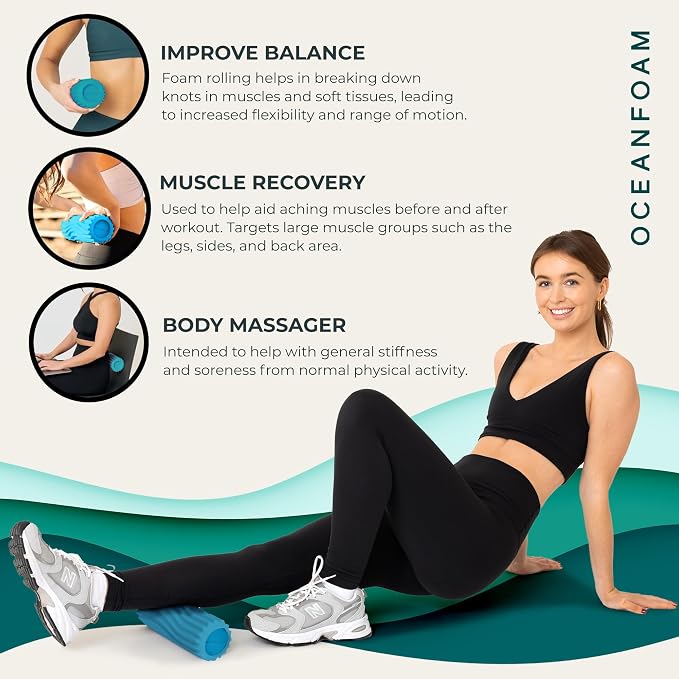 Oceanfoam Ripple Travel Foam Roller (11" x 3.35") Firm Mini Foam Roller for Physical Therapy, Deep Tissue Massage, Back Pain, High Density, Ergonomic Wave Textured, Yoga, Pilate, Exercise (Miami Blue)