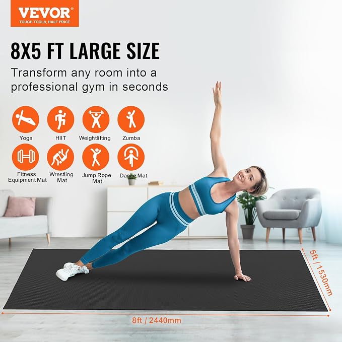 VEVOR Large Exercise Mat, 12'x6'/10'x6'/9'x6'/8'x6'/8'x5'/7'x5'/6'x4' (7mm) Extra Thick, Non Slip High Density Premium Workout Mat, Exercise Yoga Mat for Men & Women, Fitness & Exercise Mat with Bag & Carry Strap, for All Types of Home Yoga, Pilate & F...