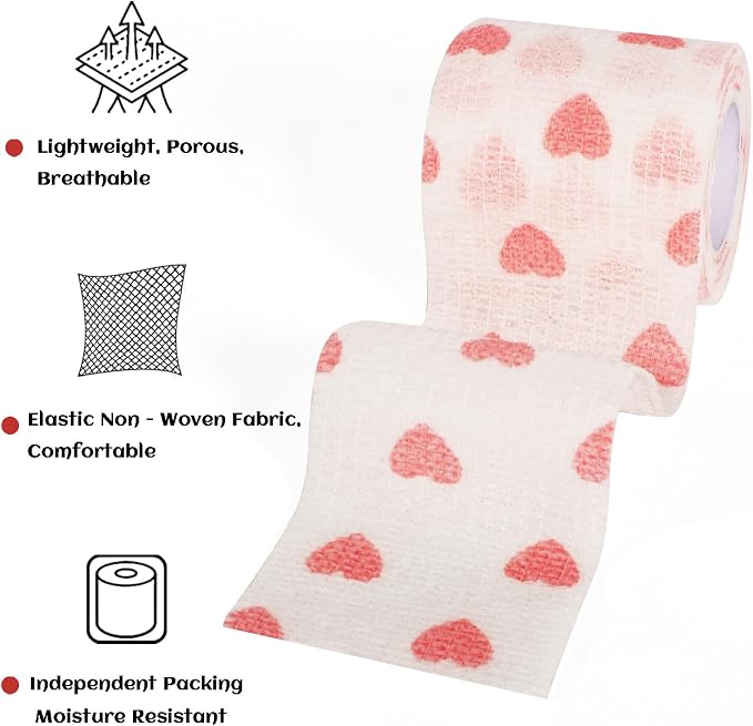 24 Rolls Elastic Self Adhesive Bandage Wrap 2 inch, Breathable Non Woven Cohesive Bandage, Vet Wrap for Dogs, Ankle Sprains Swelling Tape, Sports Athletic Tape (White Heart)
