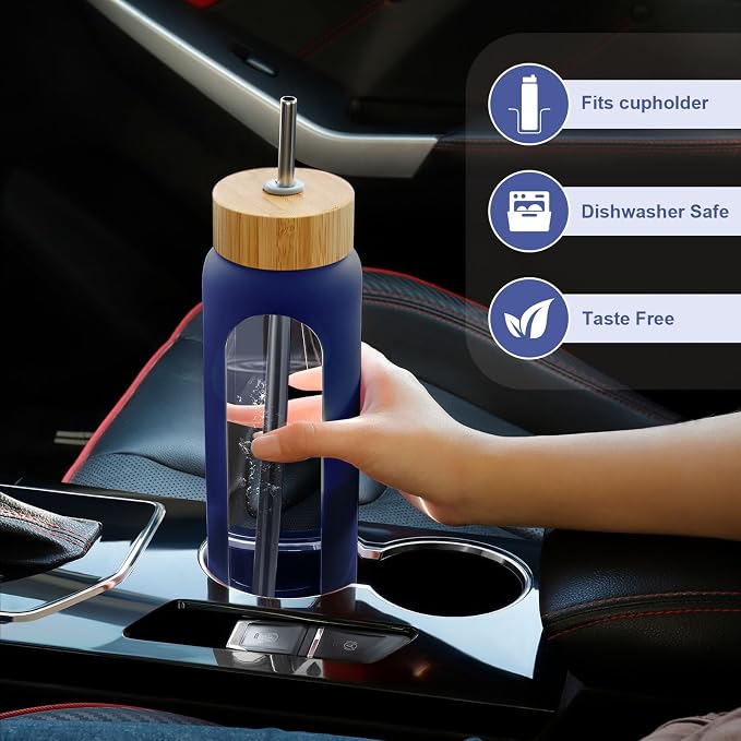 FULBEVY 32 oz Glass Water Bottles - 1 Liter Motivational Tumbler Water Bottle Time Marker - Borosilicate Glass Water Bottle With Silicone Sleeve and 2 Lids, Handle Spout & Bamboo Straw Lid (Blue)
