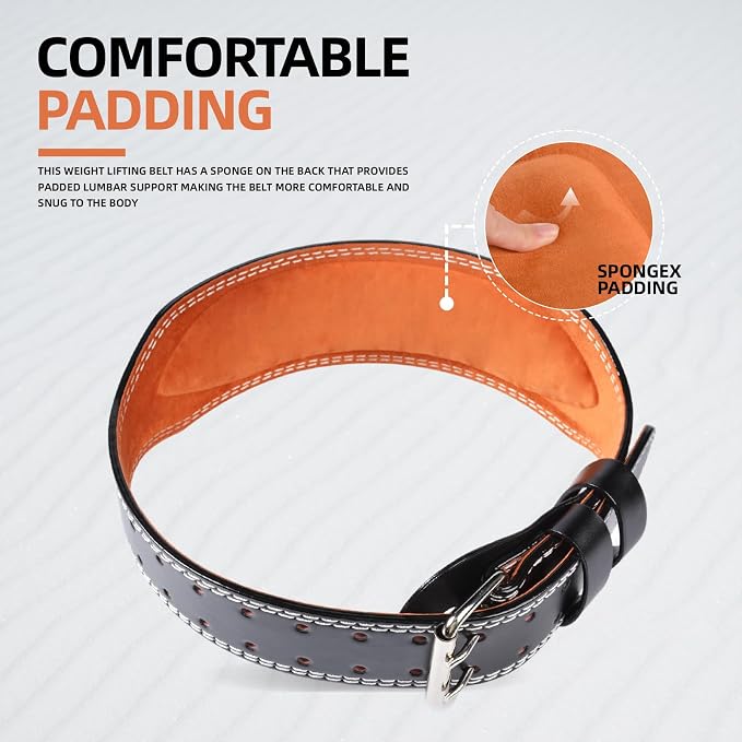 Leather Weight Lifting Belt, 4”& 6”Padded Lumbar Back Support, 10 Adjustable Holes, Gym Weight Belt Ideal for Deadlift, Powerlifting, Bodybuilding and Squat