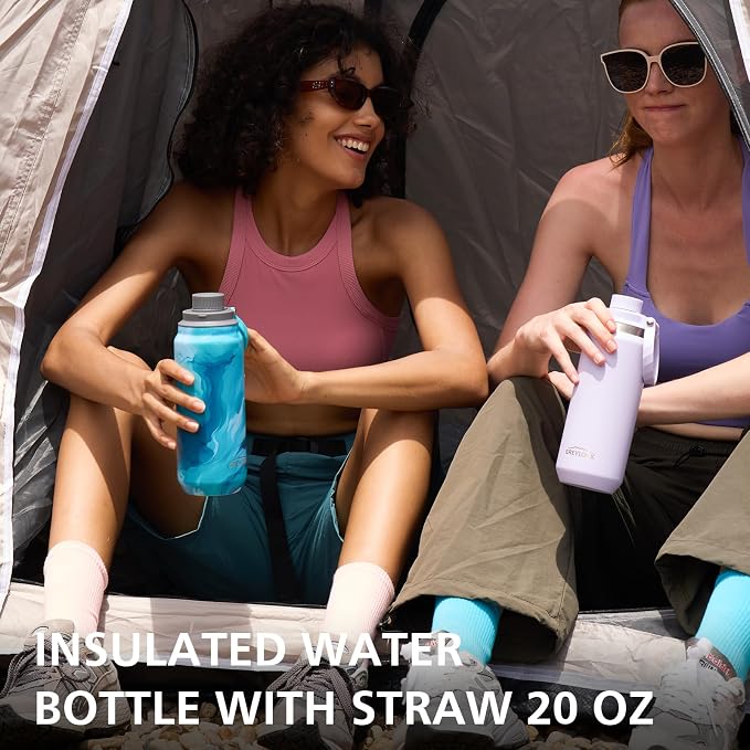 Greylock 20 oz Insulated Water Bottle with Straw Lid, Reusable Stainless Steel Sports Water Bottles with Foldable Handle, Leak Proof, Double-Wall Vacuum Insulation, 24 Hours Cold (Tides)