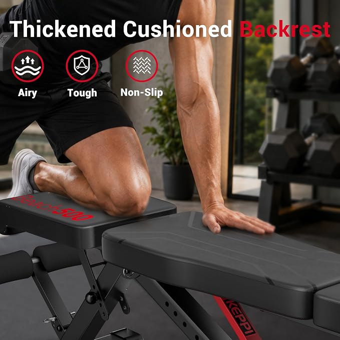 Keppi Weight Bench 900Lb, Adjustable Foldable Sturdy Bench for Home Gym | 900LB Flat capacity,11 back adjustments,fast-fold,30lb portable, PU leather, bands included,home gym & apartment