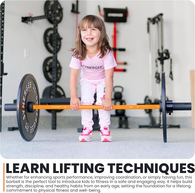 Synergee Kids Barbell – 5 lb Youth Bar in Blue Orange Pink