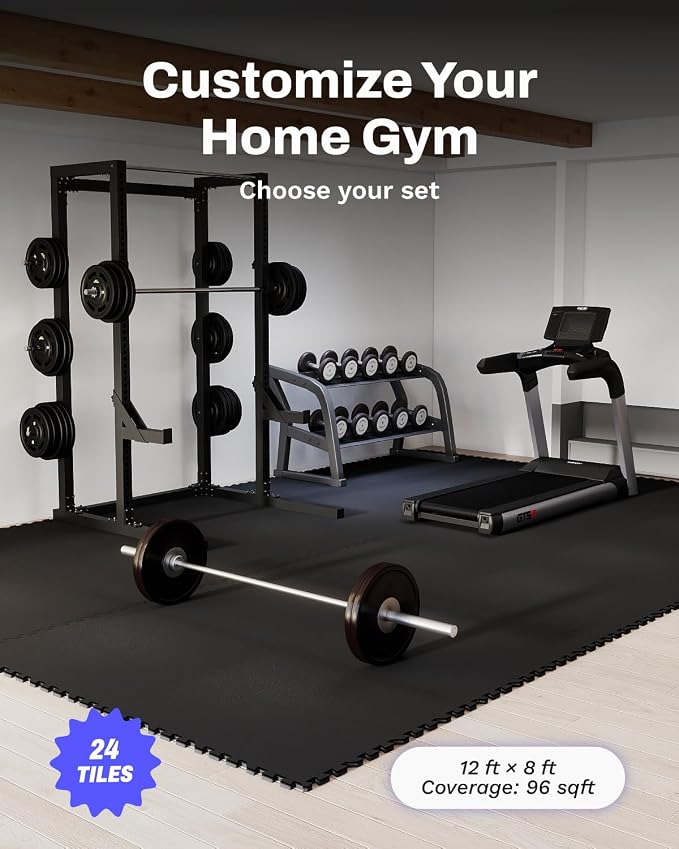 AIRHOP 0.56in Thick 96 Sq Ft Exercise Equipment Mats, 24 Tiles Upgraded Rubber Top with High Density EVA Foam, Large Interlocking Puzzle Gym Flooring for Home Gym, Heavy Weight Workout,Black