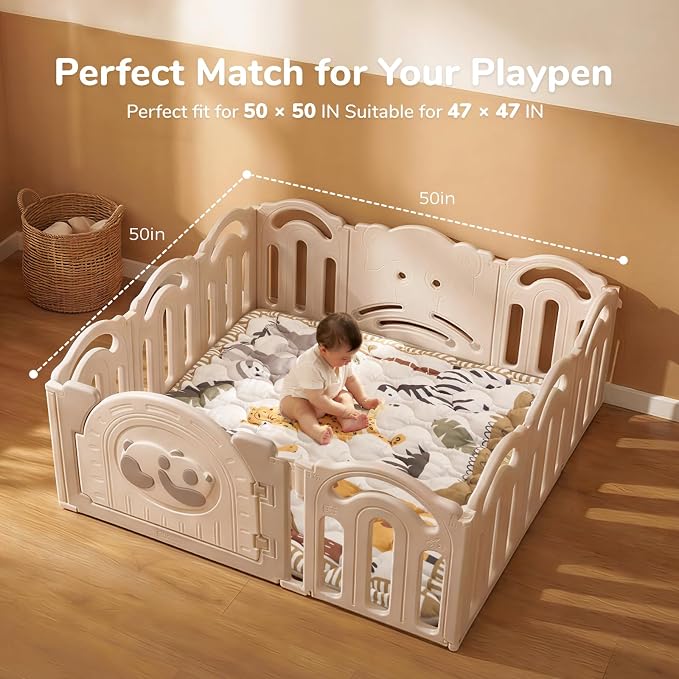 Momcozy Baby Play Mat for Floor, 50"x50" Thickened Playpen Mat | Playmate for Baby Tummy Time, Waterproof & Non-Slip, Foldable Outdoor Mat with Carrying Handle, Wild Parade