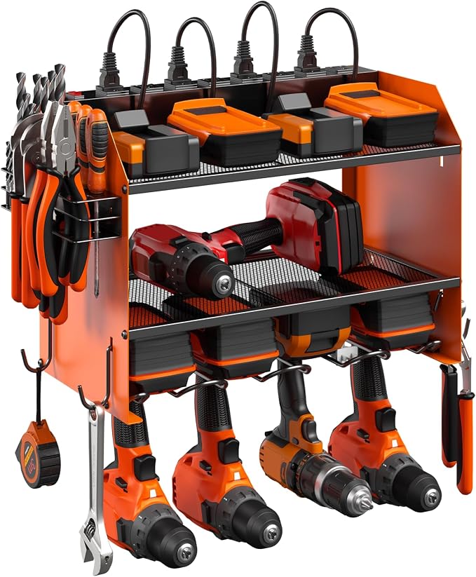 CCCEI Wall Mount Modular Tool Charging Organizer, Orange, 1 Pack, 3 Tier. | Drill Battery Storage Rack with Hooks, Garage Workshop, Gifts for Men, Dad, Husband Anniversary, Birthday, Christmas