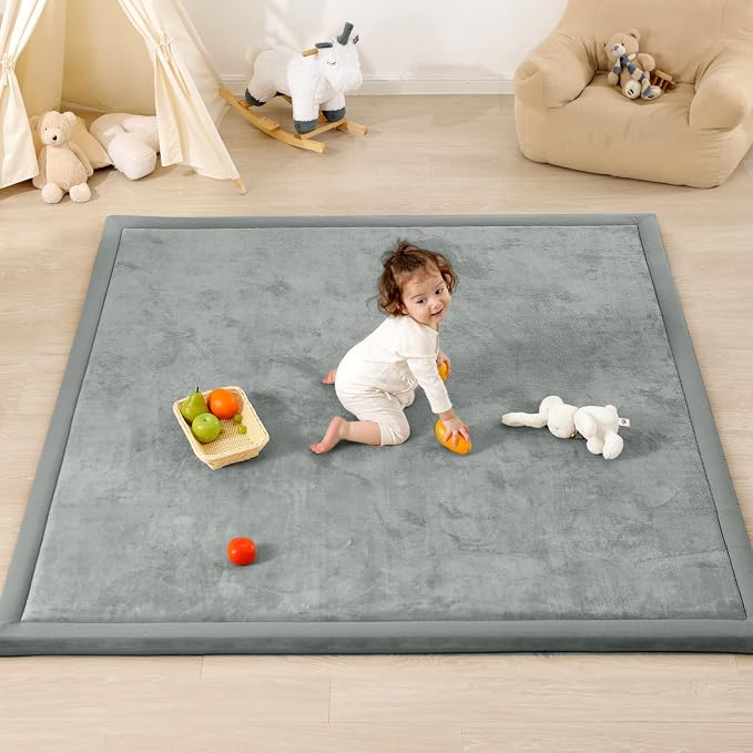 1.3" Thick Baby Play Mat for Floor,79x79 Large Memory Foam Tummy Time Mat | Soft Coral Velvet Nursery Rug, Non Slip for Crawling,Toddlers,Infants,Kids,Yoga & Tatami Style for Living Room