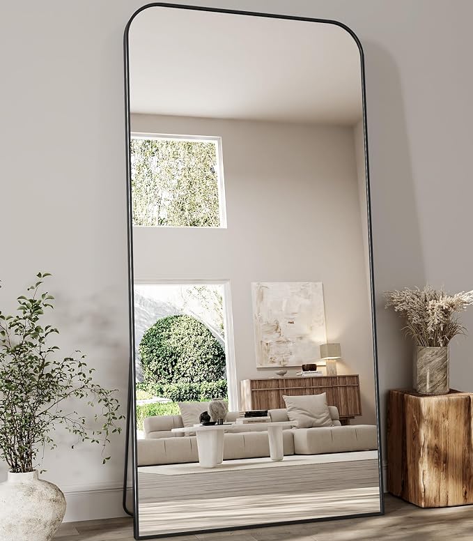 Koonmi Full Length Mirror, 78"x35" Mirror Full Length with Stand, Black Domed Top Square-Edged Floor Mirror with Aluminum Alloy Frame for Bedroom Living Room