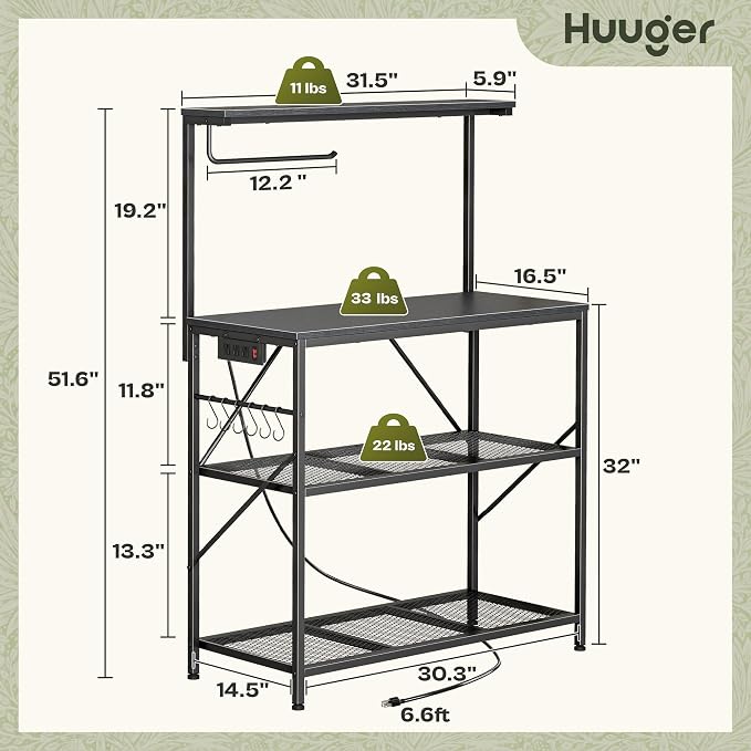 Huuger 4-Tier Bakers Rack with Reversible Power Outlet, 31.5 Inch Microwave Stand, Kitchen Coffee Bar, with Top Shelf, 6 S Hooks, Black