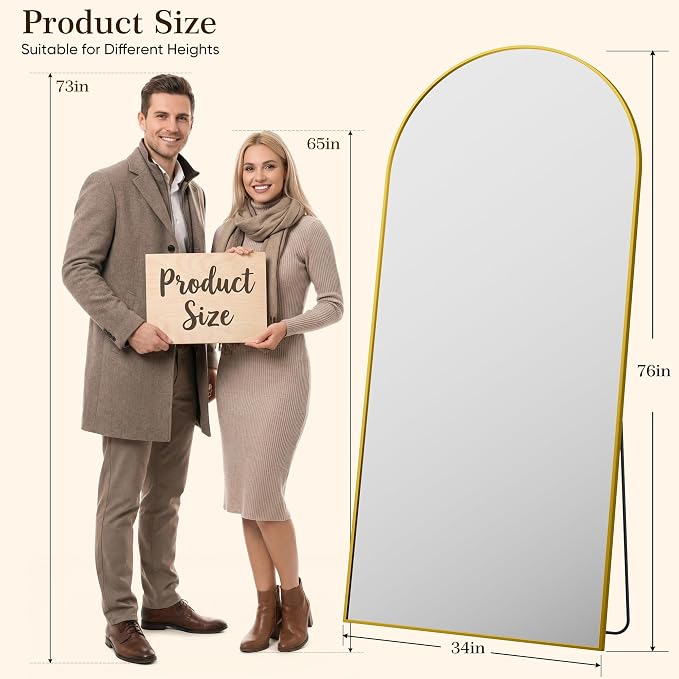 76"x34" Arched Full Length Mirror with Stand, Free Standing Leaning Wall Mounted Aluminum Alloy Frame Mirror for Bedroom Living Room Cloakroom, Gold