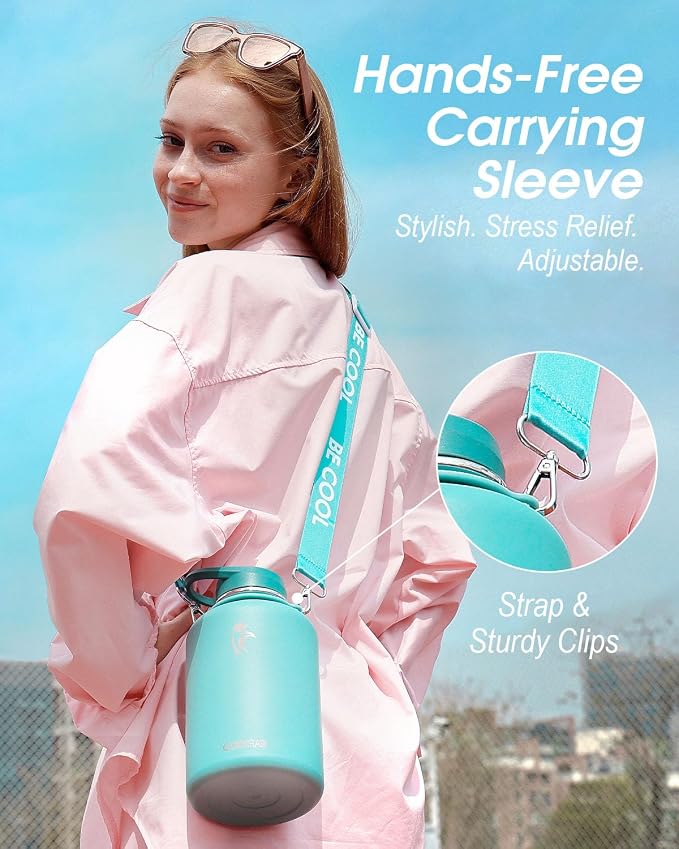 Coolflask Insulated Water Bottle 64 oz with Straw, Half Gallon Large Water Jug with Straw & Spout Lids, Vacuum Stainless Steel Metal Flask, Keep Cold 48h Hot 24h, Leak Proof & Non-BPA, Agate Green | 64 oz Large Water Jug with Straw & Spout Lids,Triple-...