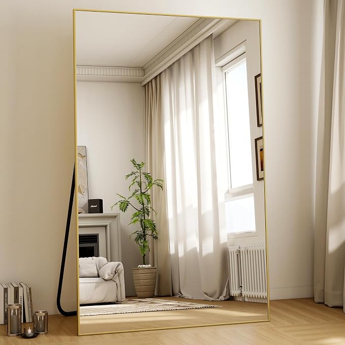 Easly Full Length Mirror with Stand 46"x76" Full Body Mirror Floor Mirror Standing Hanging or Leaning Wall, Wall Mirror with Stand Aluminum Alloy Frame for Living Room Bedroom Cloakroom,Gold