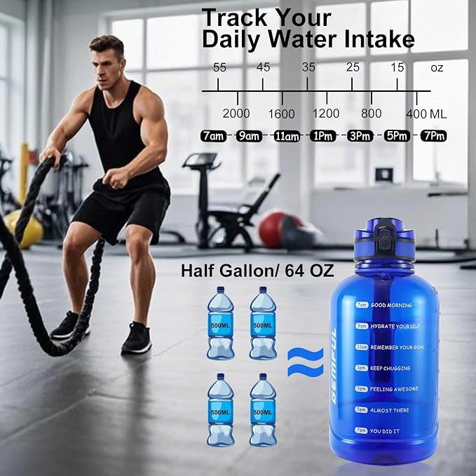 GEMFUL 2L Water Bottle with Handle 64oz Large Jug Leak-Proof (Royal Blue) | BPA-Free, 64oz Capacity, Time Marker, Chug Lid, for Gym, Fitness, Hiking, Sport, Camping, Office, Home, Wide Mouth