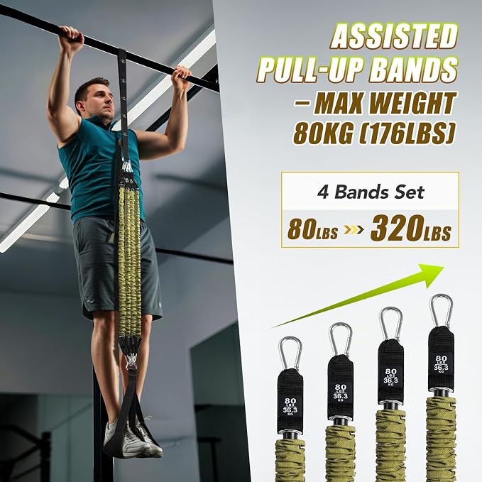 ALongSong Pull Up Assistance Bands with Foot Support Pedal - Upgraded Heavy Duty Resistance Bands Adjustable Weight/Height with 80Lbs Bands&Measured Strap for Strength Training Home Gym