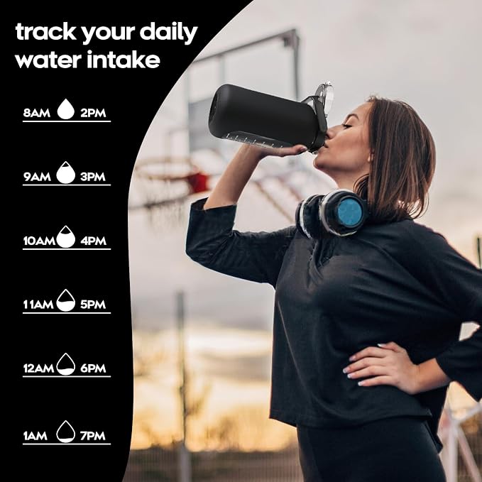 chunmo 74 oz Glass Water Bolttles with Straw Large Motivational Water Bottle with Time Marker Sports Water Bottles with Silicone Sleeve and Handle Lid 2.2L Water Jug for Gym Workout