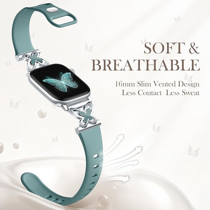Lerobo Slim Silicone Band Compatible with Apple Watch Bands for Women | Dressy Metal Butterfly 16mm Thin Strap for iWatch Series 11 10 9 8 7 6 5 4 SE Ultra 38mm 40mm 41mm 42mm 44mm 45mm 46mm 49mm