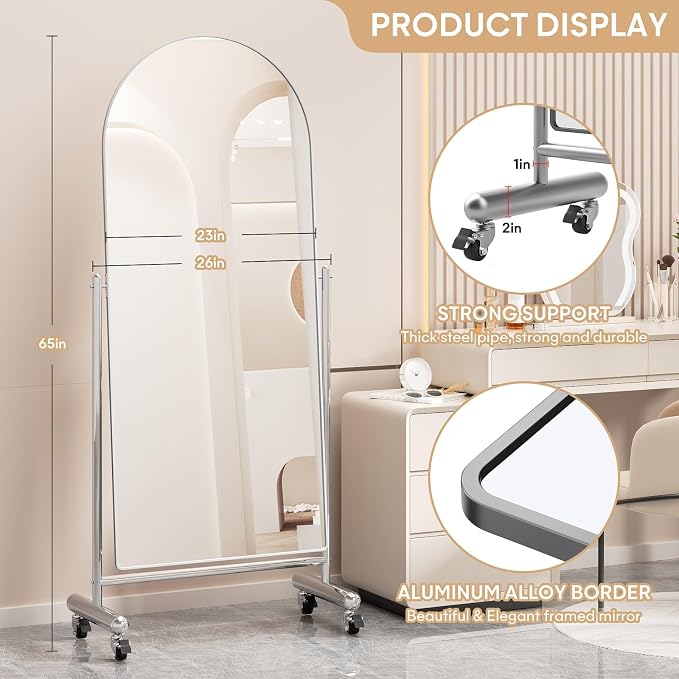 Large Arched Full Length Mirror on Wheels, Rolling Tilting Swivel Floor Mirror 65" x 23" with Tempered Glass and Metal Frame, Modern Dressing Mirror Body Mirror, Home Decor,Silver