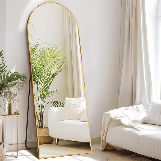 DUMOS 58"x19" Arched Full Length Mirror with Stand, Floor Standing Aluminum Frame, Shatter-Proof Nano Glass for Bedroom, Living Room, Cloakroom – Modern Simple Home Decor,Hanging or Leaning,Gold
