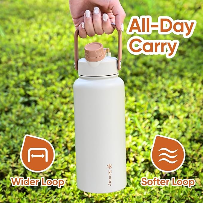 KEWIXY 32 oz Insulated Water Bottle, 2-in-1 Lid, Straw & Spout with Protected, Leak Proof, Keep Cold, Stainless Steel, Metal, Reusable, Handle, for Outdoor, Gym and School, 2 Lids, Mousse