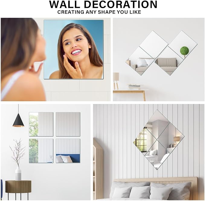 Home Gym Mirror, 12Pcs 12" Square Wall Mirror Tiles, Frameless HD Glass Full Length Wall Mirrors for Wall Decor, Bedroom, Living Room, Over The Door, Self Adhesive